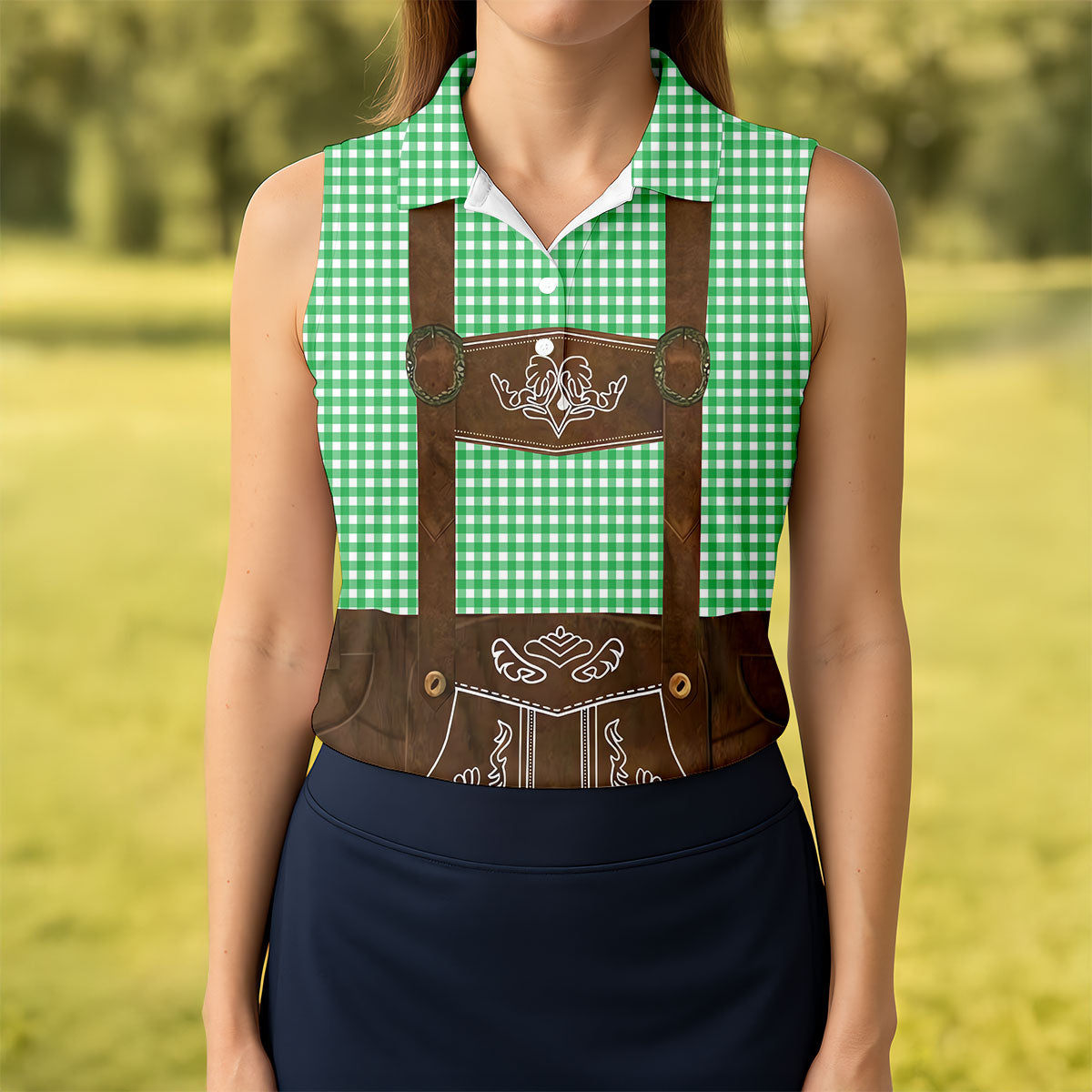 Women's Green Oktoberfest Lederhosen Illusion Sleeveless Golf Polo, Ladies Golf Top, Golf Polo For Women