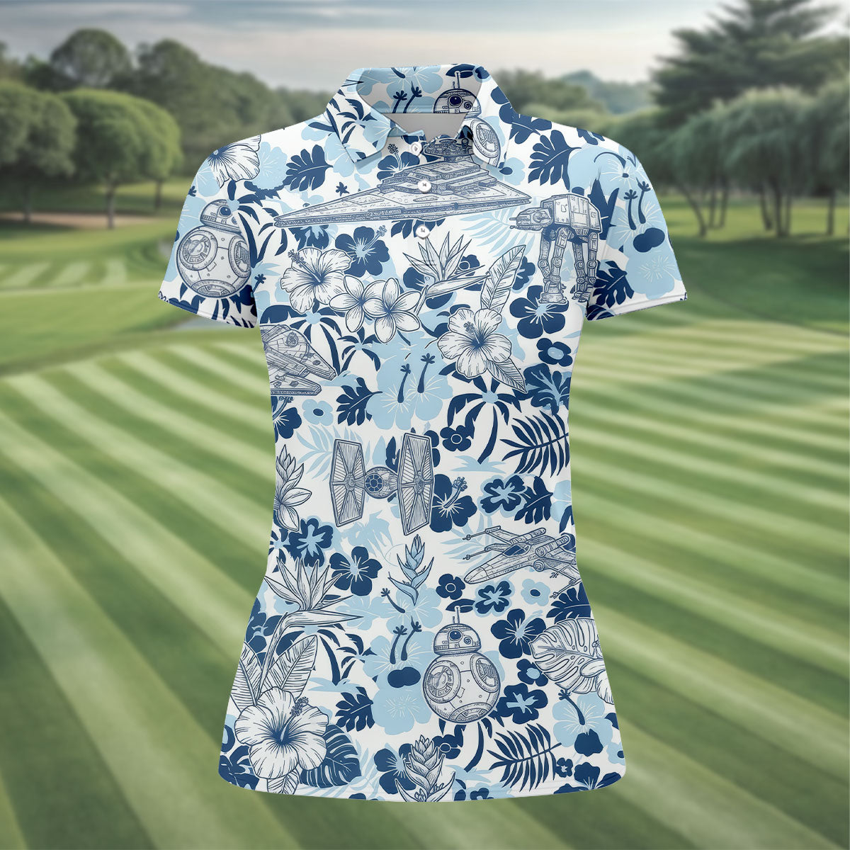 Retro Spacecraft Hawaiian Golf Polo Shirt, Women's Golf Tops, Golf Shirts For Women