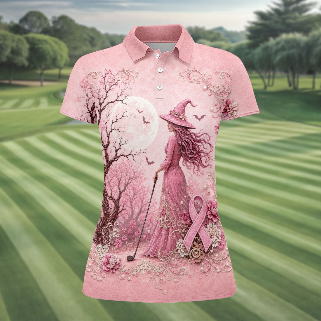 Breast Cancer Awareness Pink Witch Moon Women’s Golf Polo, Golf Shirts For Women