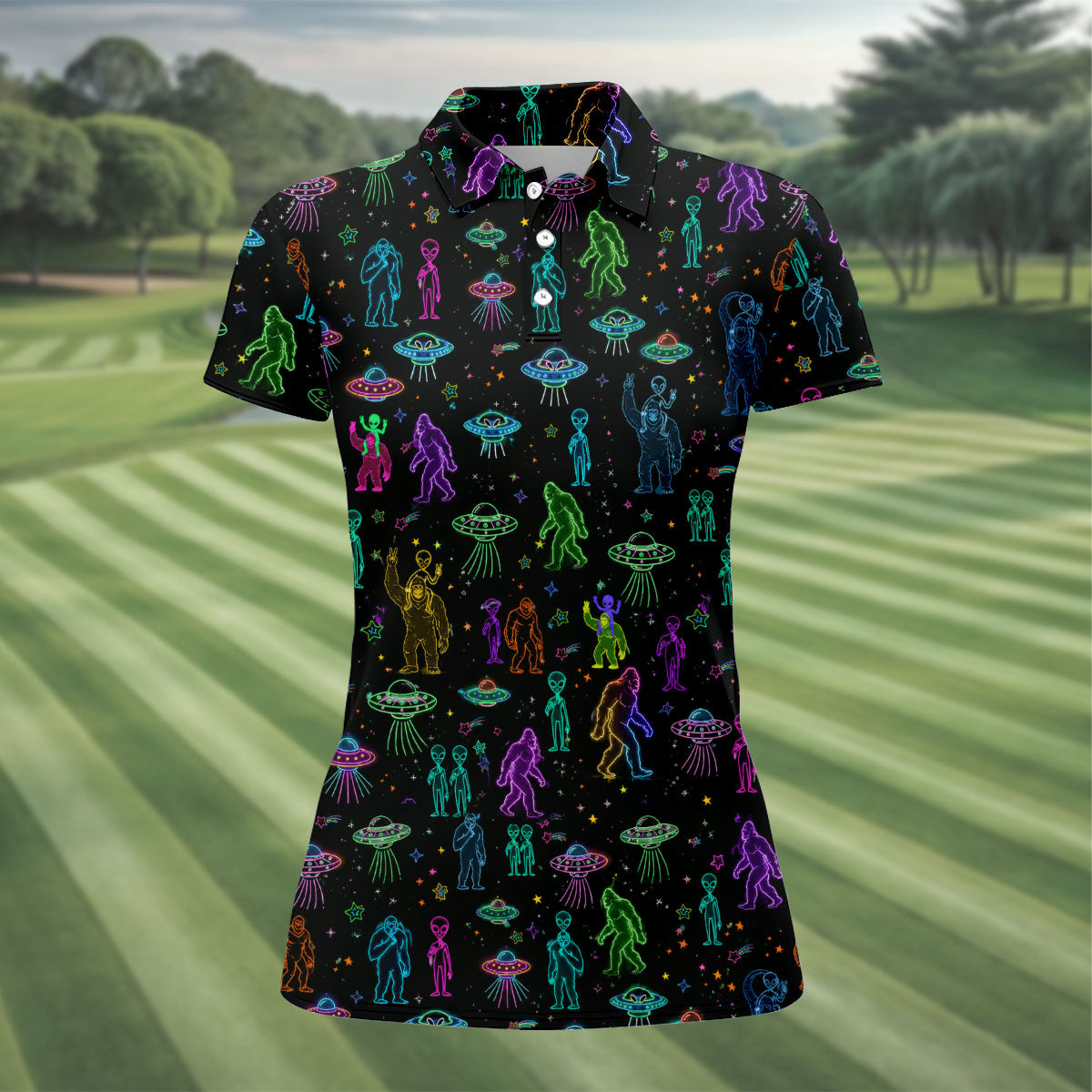 Neon Bigfoot Alien UFO Pattern Golf Polo Shirt, Women's Golf Tops, Golf Shirts For Women