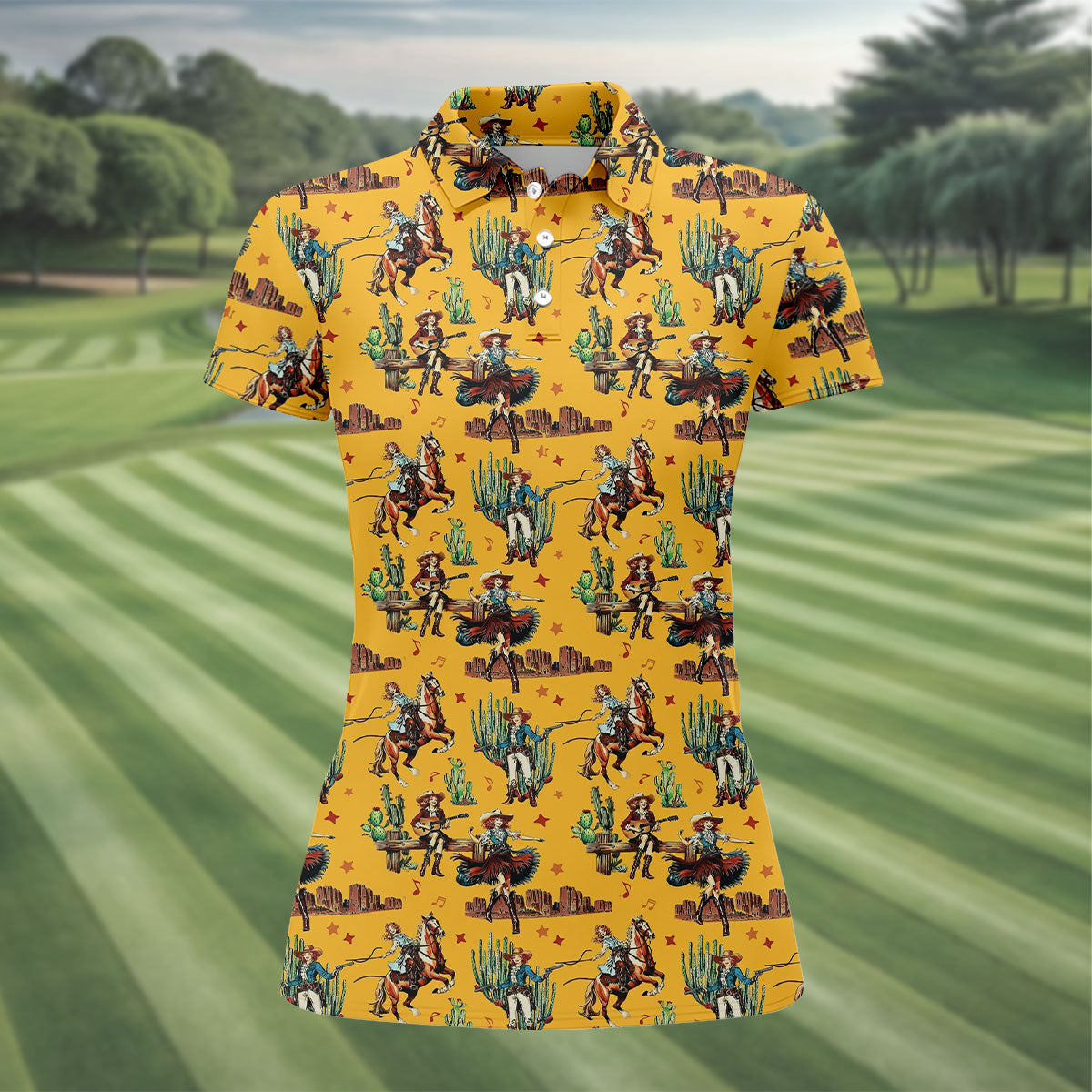Yellow Cowboy Rodeo Desert Western Hawaiian Golf Shirt, Women's Golf Tops, Golf Polo For Women