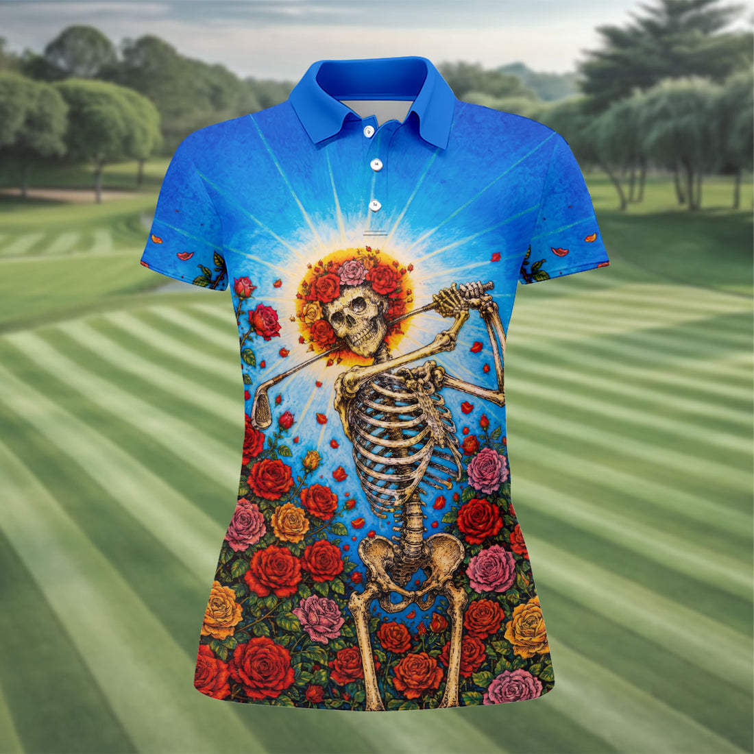 Skeleton Blowing Golf Club Halloween Polo Shirt, Women’s Golf Polo, Ladies Golf Top