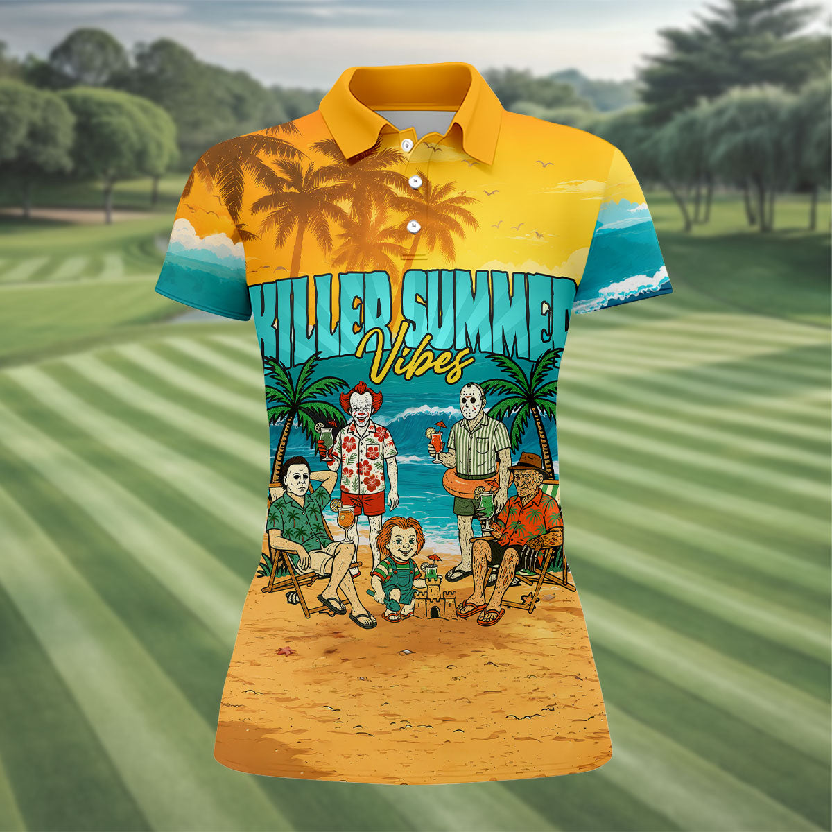 Killer Summer Vibes Horror Beach Party Golf Hawaiian Shirt, Women's Golf Polo, Ladies Golf Tops