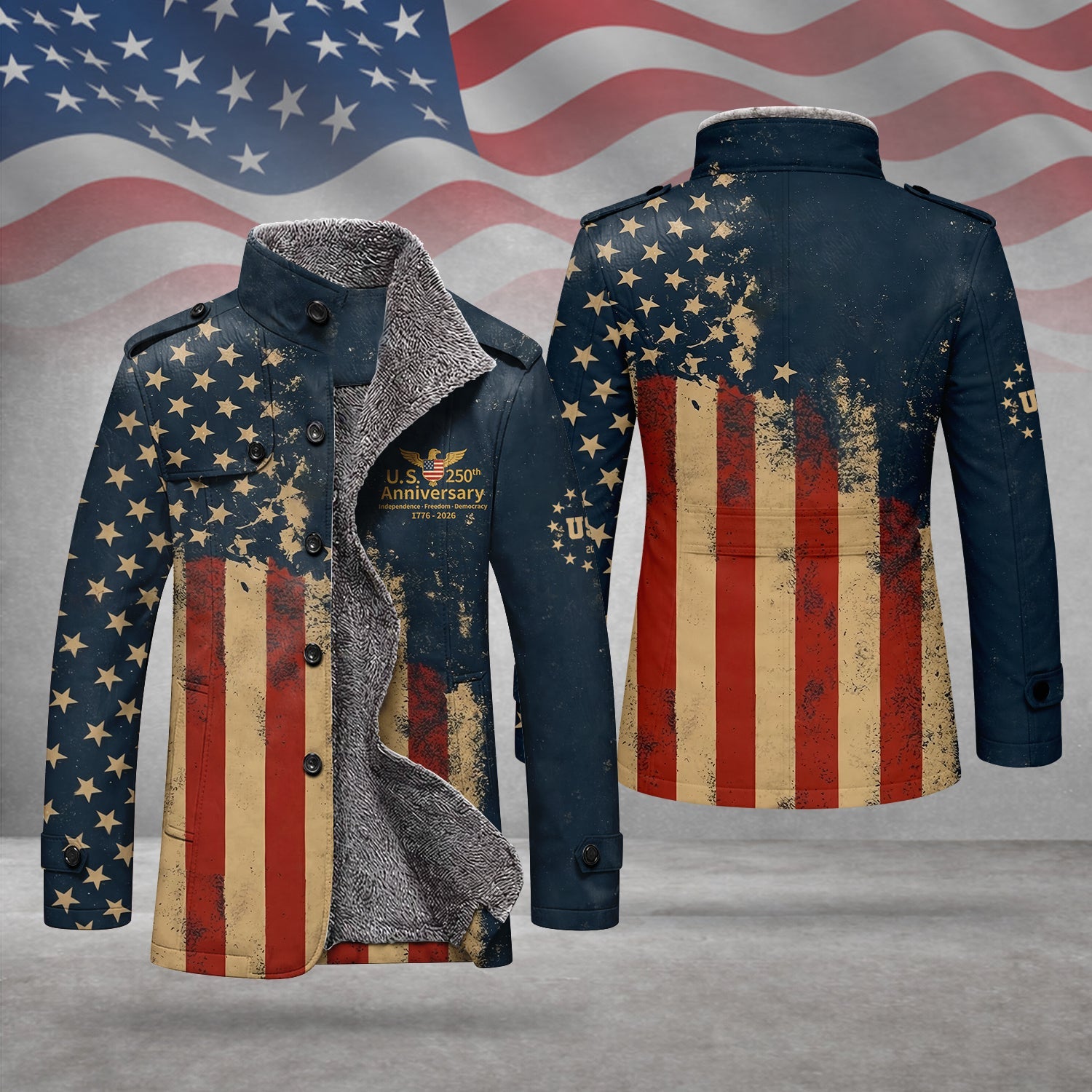 250th Anniversary Distressed Flag Men's Cold Premium Weather Jacket, Leather Trench Coat