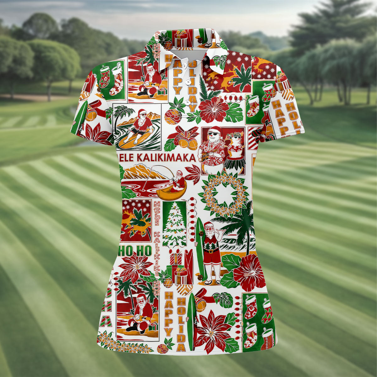 Women's Mele Kalikimaka Hawaiian Christmas Golf Shirt, Tropical Santa Holiday Golf Shirt, Women’s Golf Polo