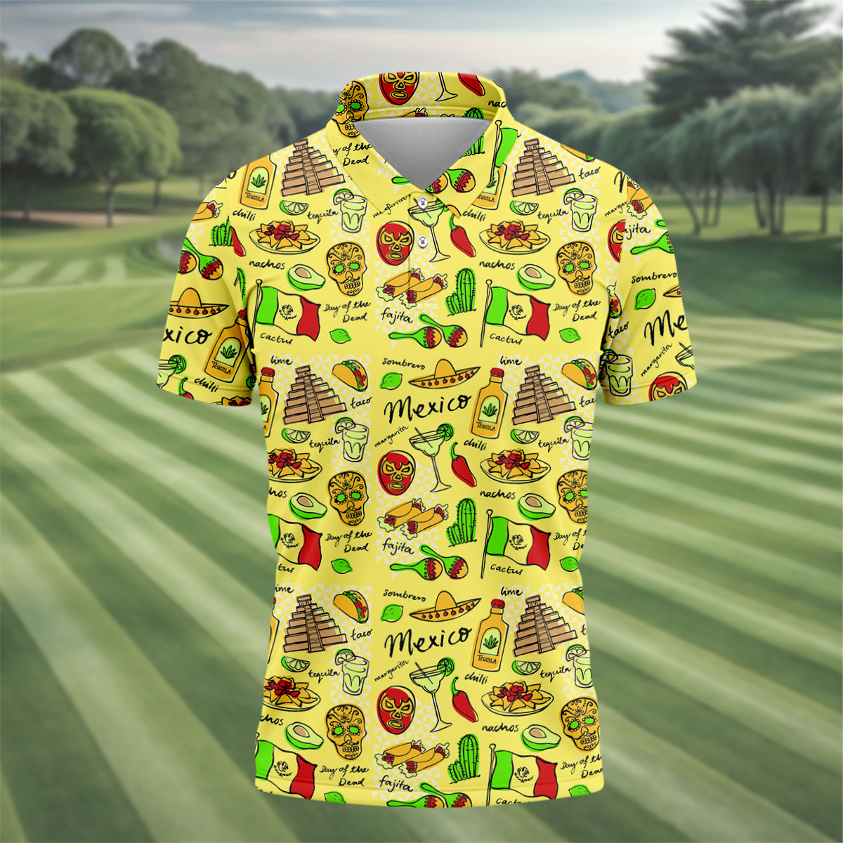 Mexican Cultural Symbols Day Of The Dead Golf Tops For Men, Cinco De Mayo Celebration Golf Shirts For Men