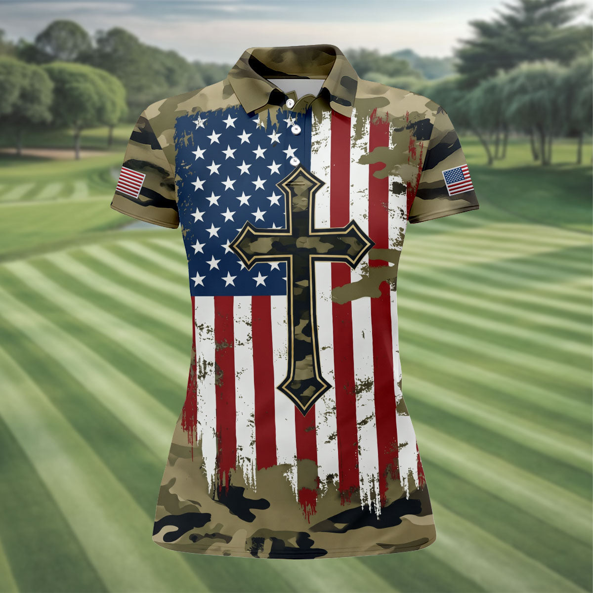 Faith Cross Green Camouflage US 250th Anniversary Golf Shirt, Patriotic Golf Shirt, Golf Shirts For Women
