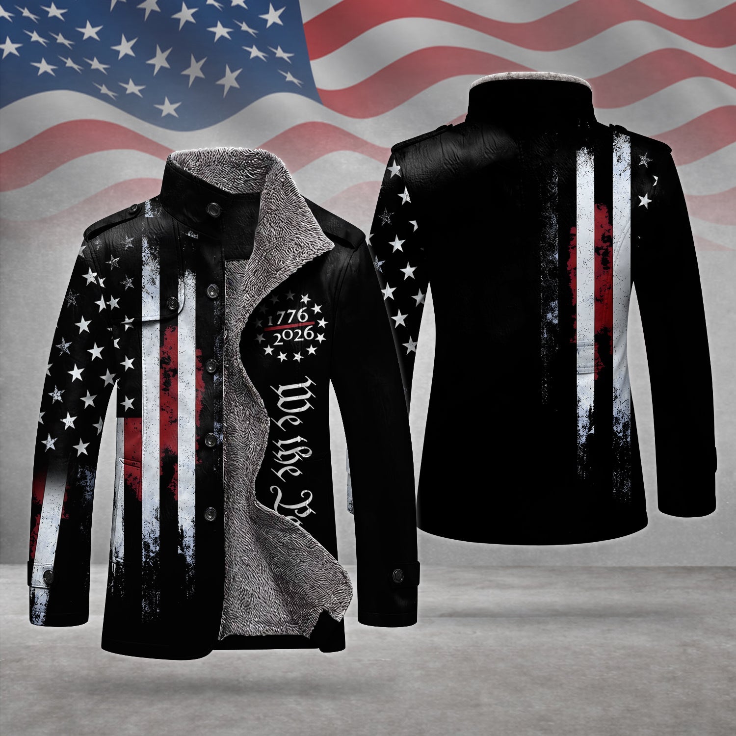 We The People 250 Years Distressed Flag Men's Cold Premium Weather Jacket, Leather Trench Coat