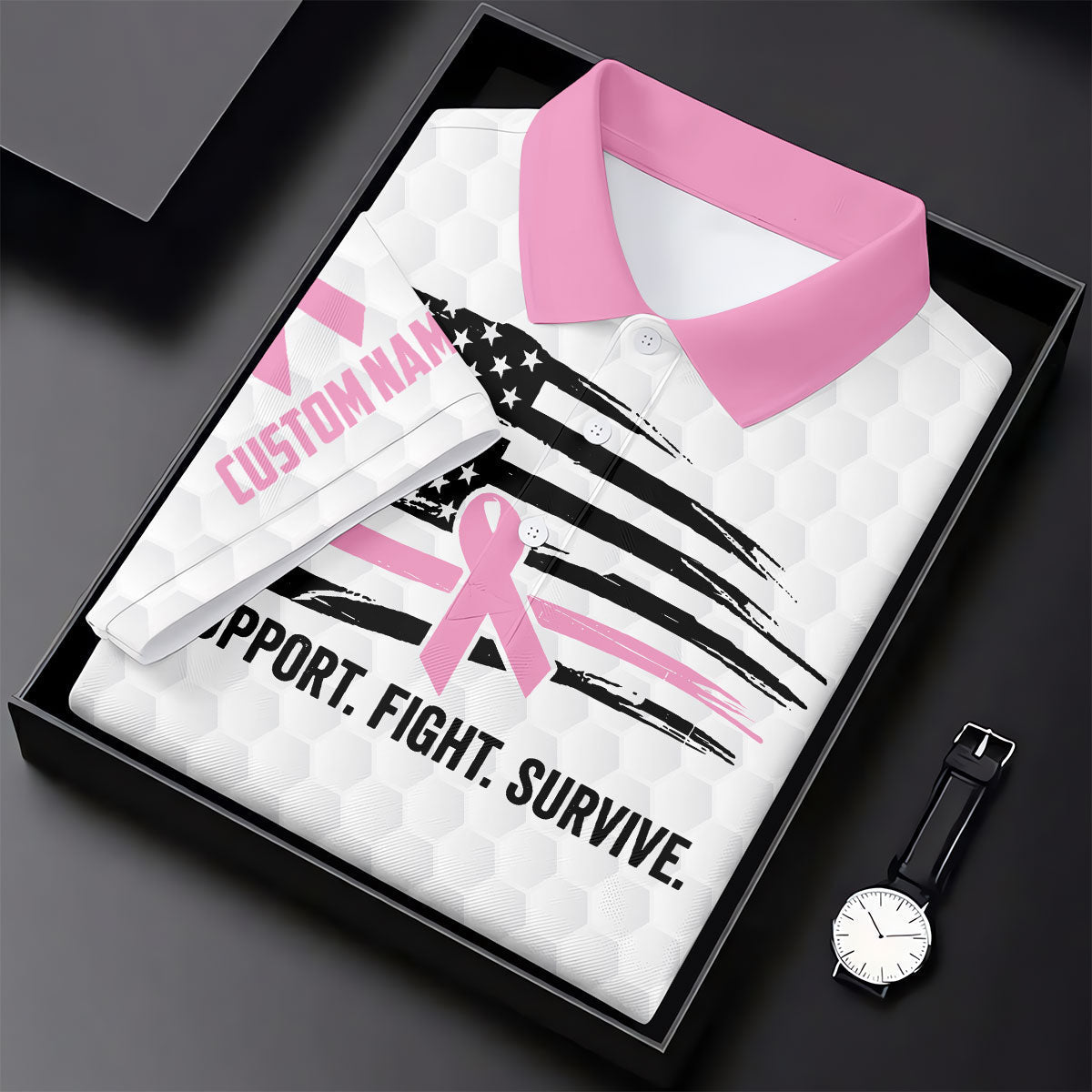 Custom Support Fight Survive Breast Cancer Polo Shirt, Ladies Golf Tops, Women’s Golf Polo