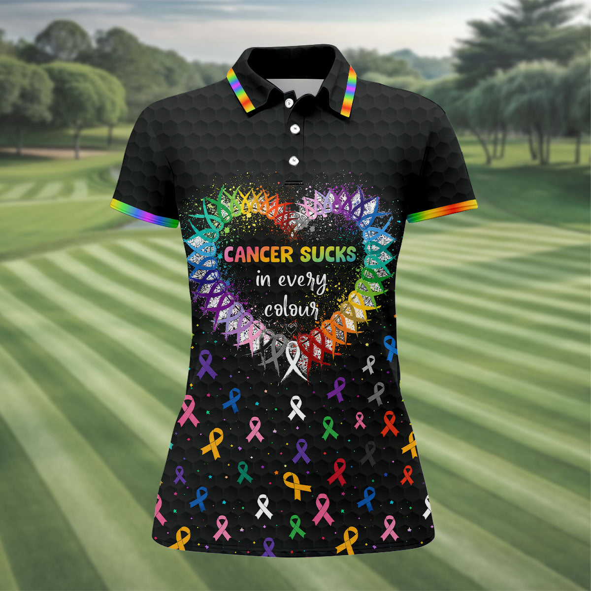 Cancer Sucks In Every Colour Awareness Ribbon Golf Polo Shirt, Golf Tops For Women