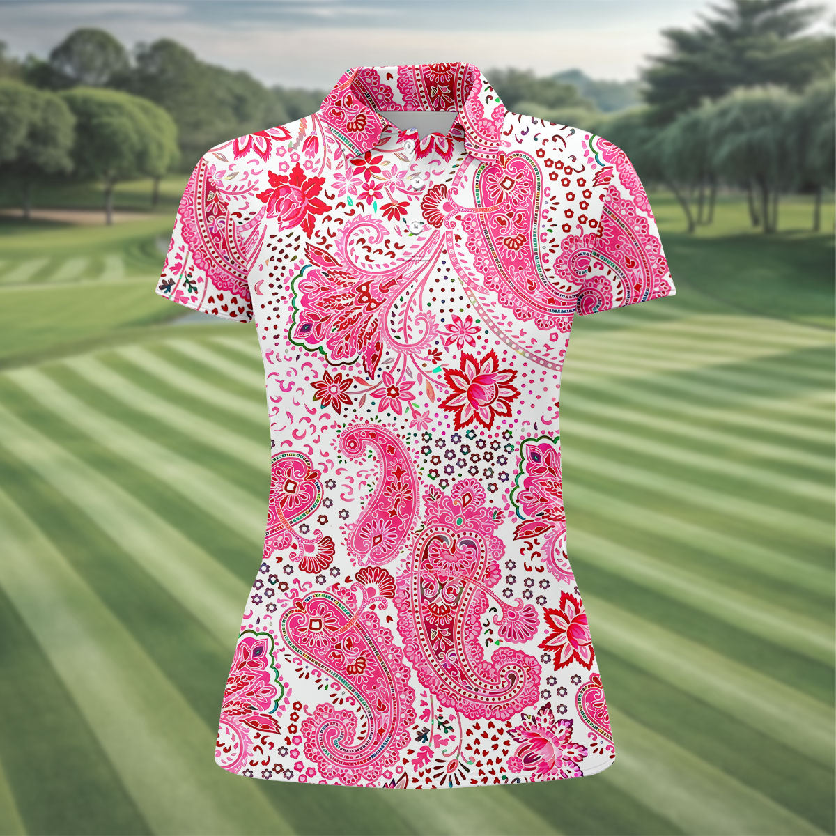 Pink Paisley Floral Pattern Golf Shirt, Golf Tops For Women, Hawaiian Golf Shirt, Women’s Golf Apparel