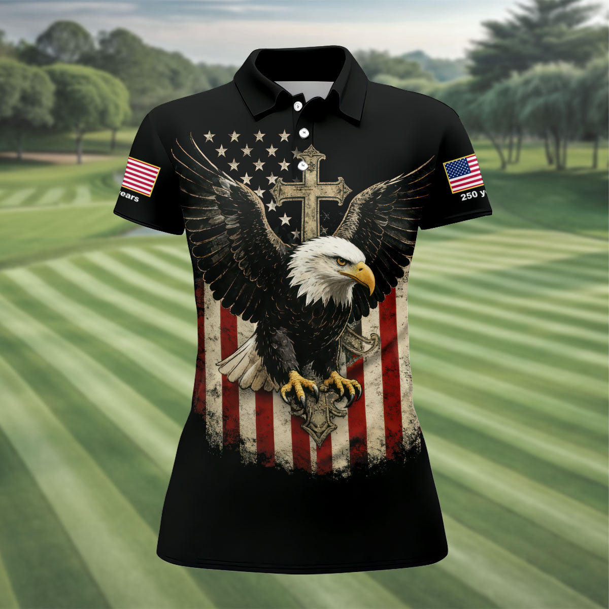 Faith Cross Bald Eagle And US Flag Black Golf Shirt, Patriotic 4th Of July Golf Shirt For Women