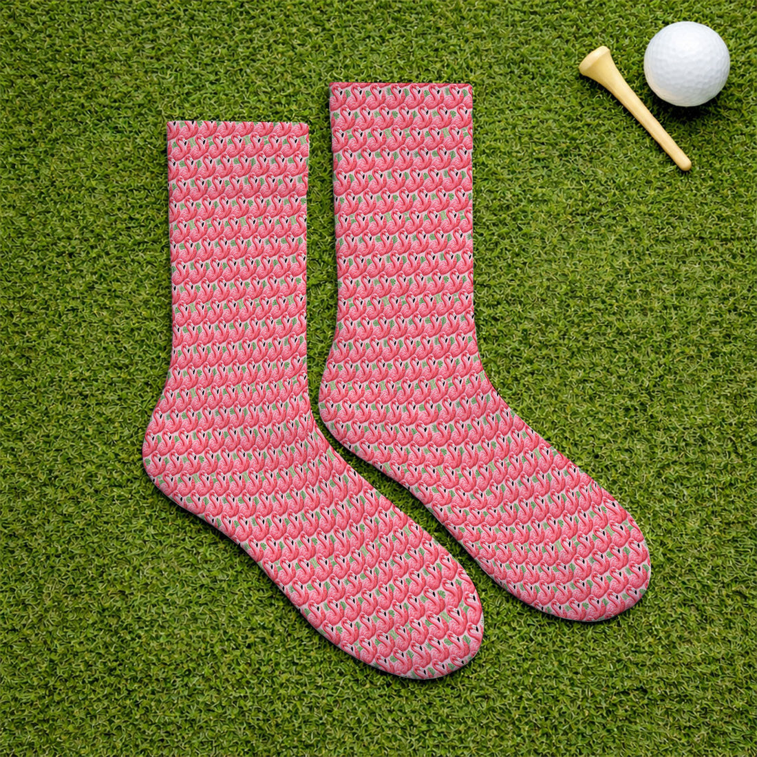Crazy Flamingo Golf Socks, Pink Tropical Pattern Golf Crew Sock, Funny Golf Gift For Golfer