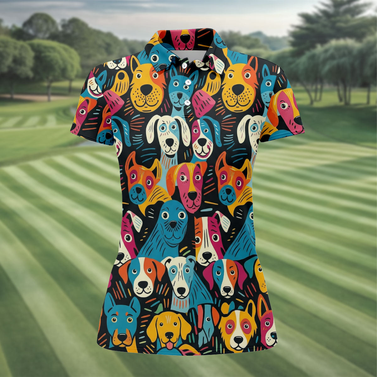Happy Dog Faces Hawaiian Golf Shirt, Funny Golf Shirt, Abstract Animal Golf Shirt For Women