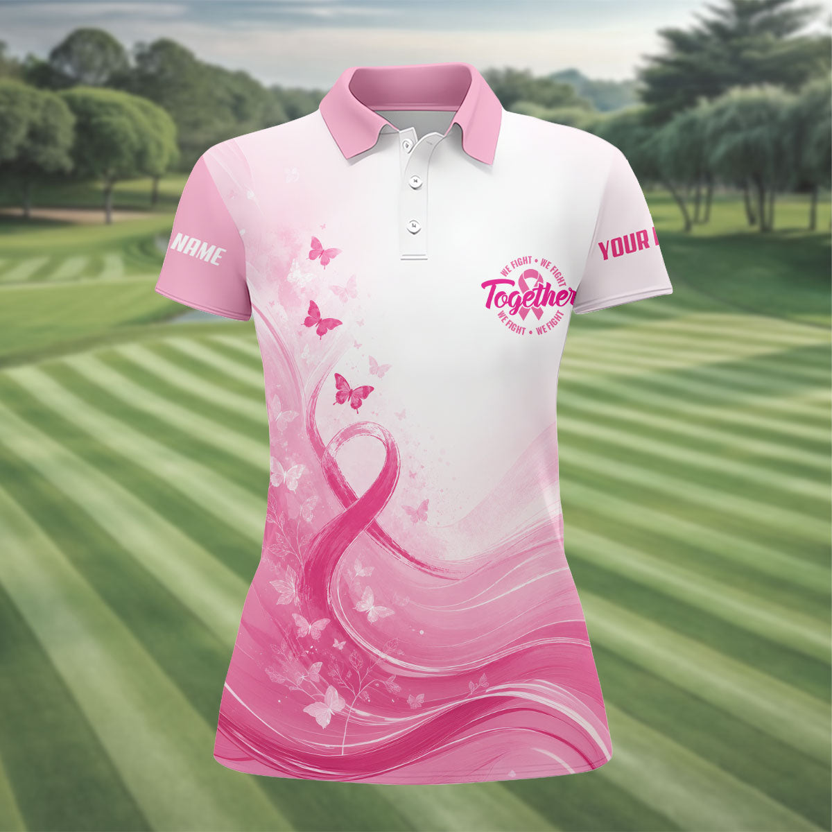 Custom Together We Fight Butterfly Breast Cancer Polo Shirt, Golf Tops For Women, Printed Golf Shirt