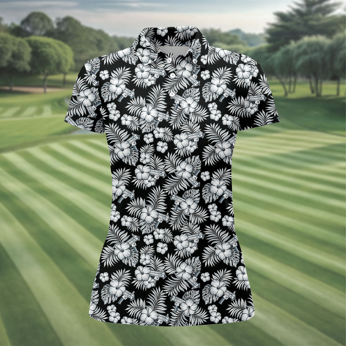 Black And White Pattern Tropical Hawaiian Golf Shirt, Summer Theme Golf Shirt For Women