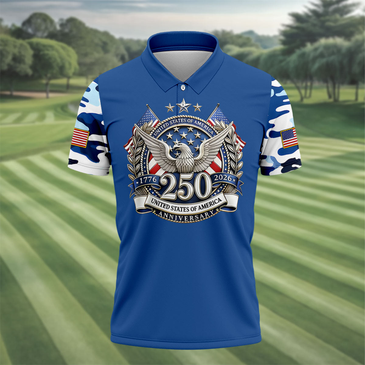 Patriotic Bald Eagle Blue And White Camo Blue Golf Shirt, 250th Anniversary Golf Shirts For Men