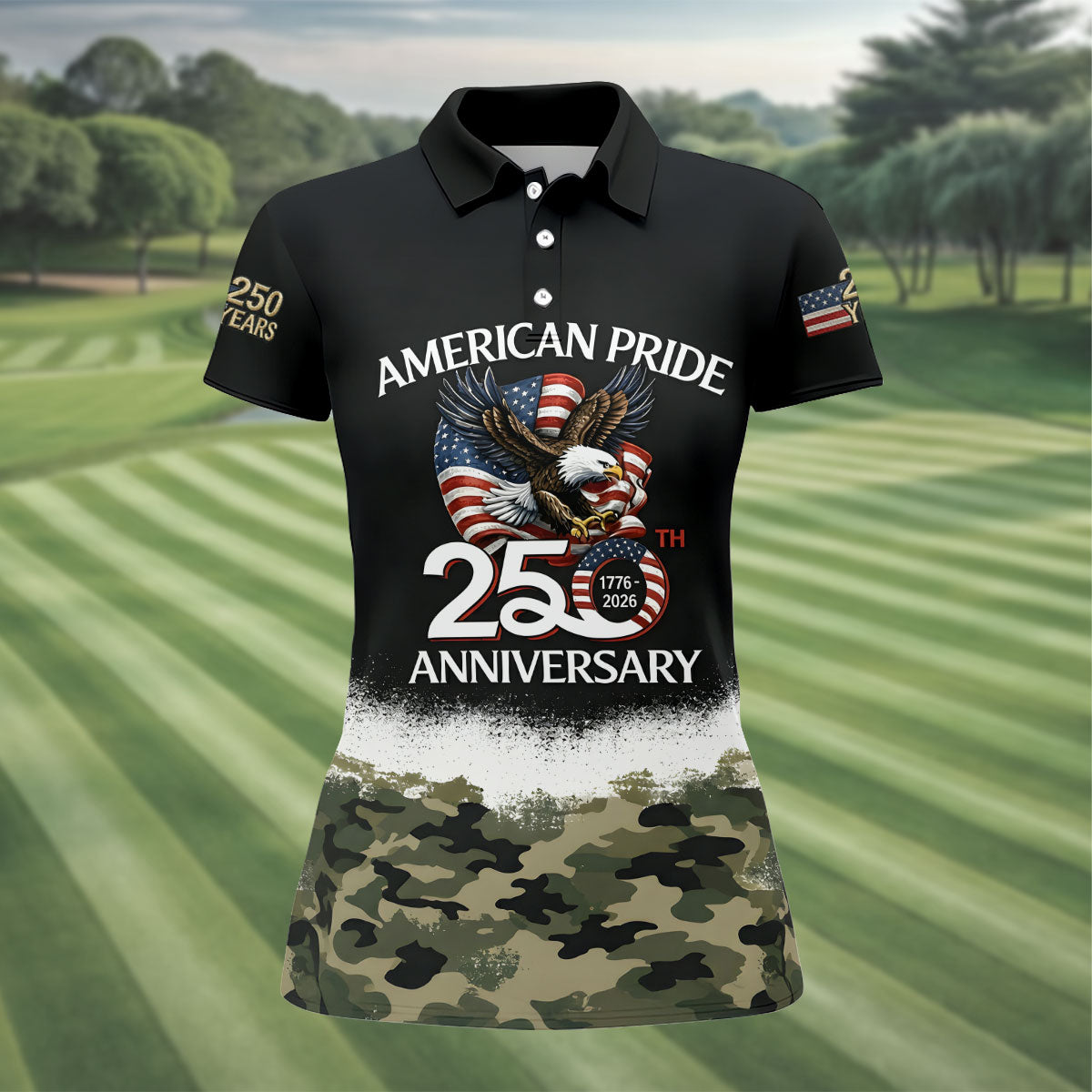 American Pride 250th Anniversary Camo Golf Shirt, Patriotic 4th Of July Golf Shirt For Women