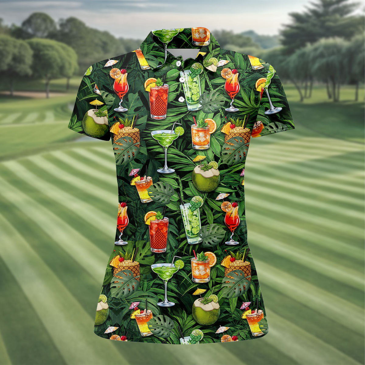 Tropical Cocktail Coconut And Palm Leaf Golf Polo, Hawaiian Golf Shirt, Golf Polo For Women