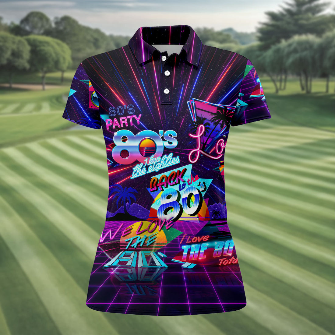 80s Retro Party Golf Shirt, Neon Synthwave Sunset Pattern, Golf Shirt For Women