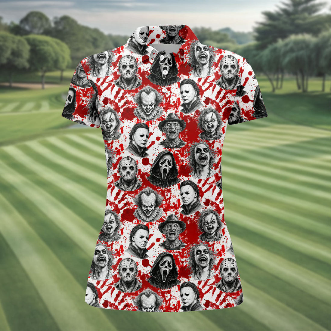 Halloween Horror Character Blood Splatter Polo Shirt, Womens Golf Tops, Women’s Golf Polo