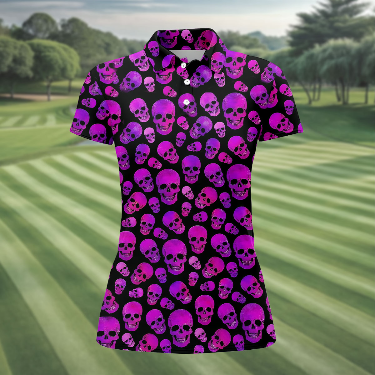 Purple Skull Gothic Pattern Hawaiian Golf Shirt, Women’s Golf Polo, Printed Golf Shirt