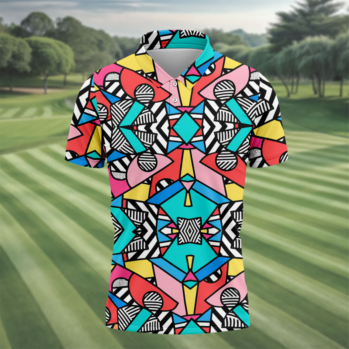 Abstract Geometric Pop Art Golf Polo Shirt, Men's Golf Shirt, Mens Golf Apparel