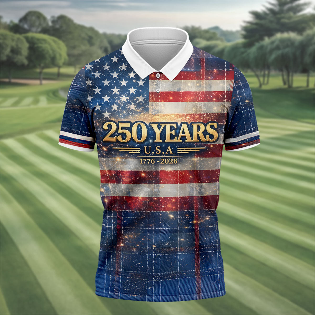 250 Years USA Galaxy Overlay Checkered Patriotic Golf Shirt, 4th Of July Golf Shirts For Men
