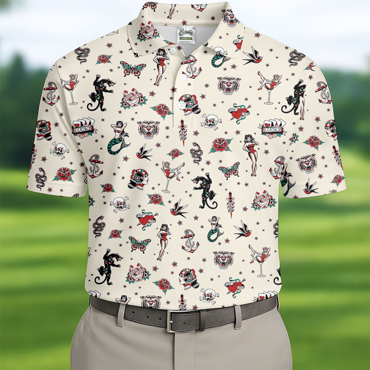 Old School Tattoo Flash Pattern Golf Polo Shirt, Men's Golf Shirt, Printed Golf Shirts