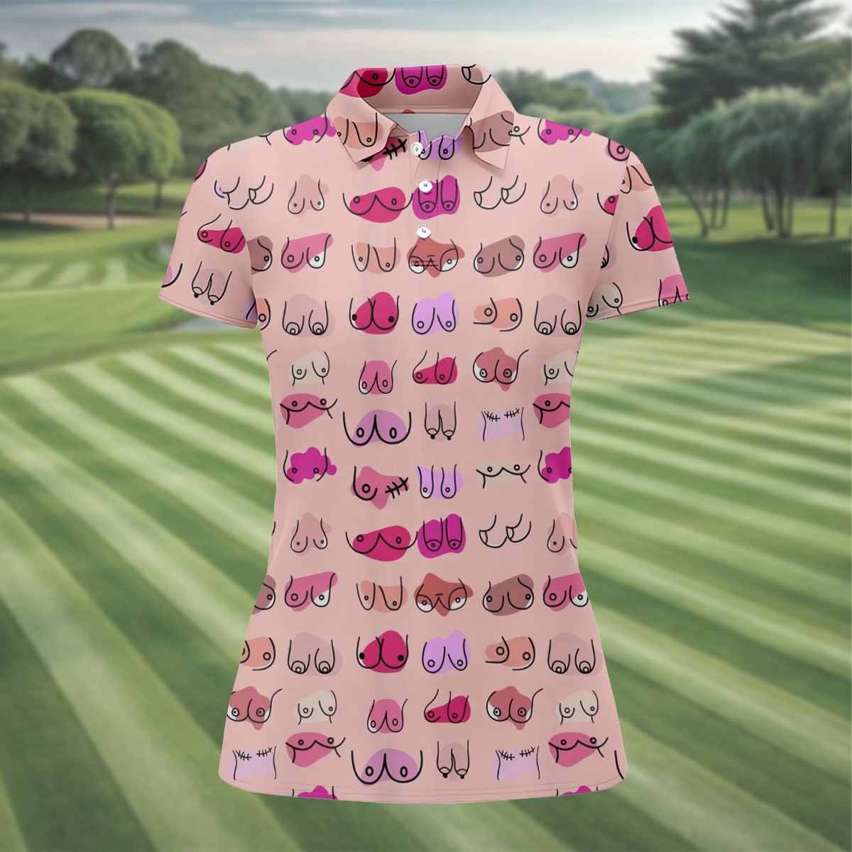 Pink Funny Boob Pattern Golf Polo Shirt, Women's Golf Tops, Golf Polo For Women