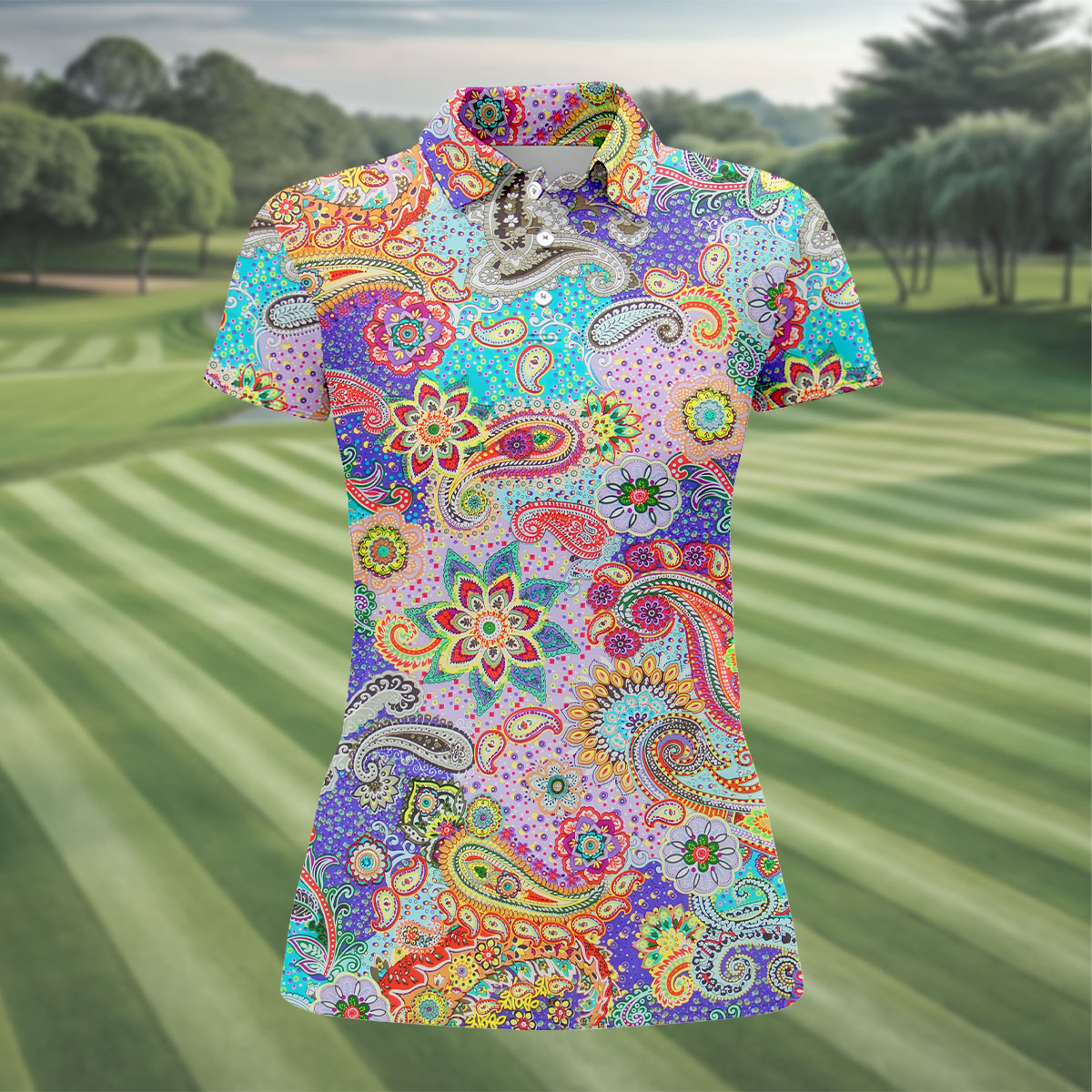 Vibrant Paisley Floral Patchwork Golf Polo Shirt, Ladies Golf Shirt, Golf Tops For Women