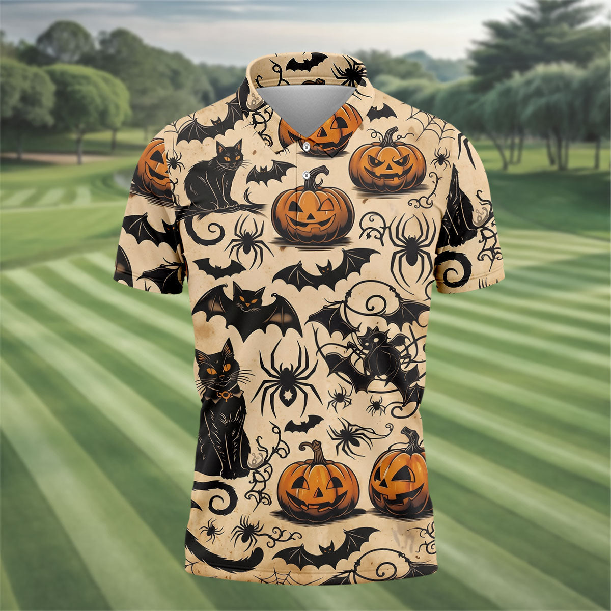 Vintage Halloween Cat Pumpkin Pattern Golf Polo Shirt, Mens Golf Polo, Hawaiian Golf Shirt