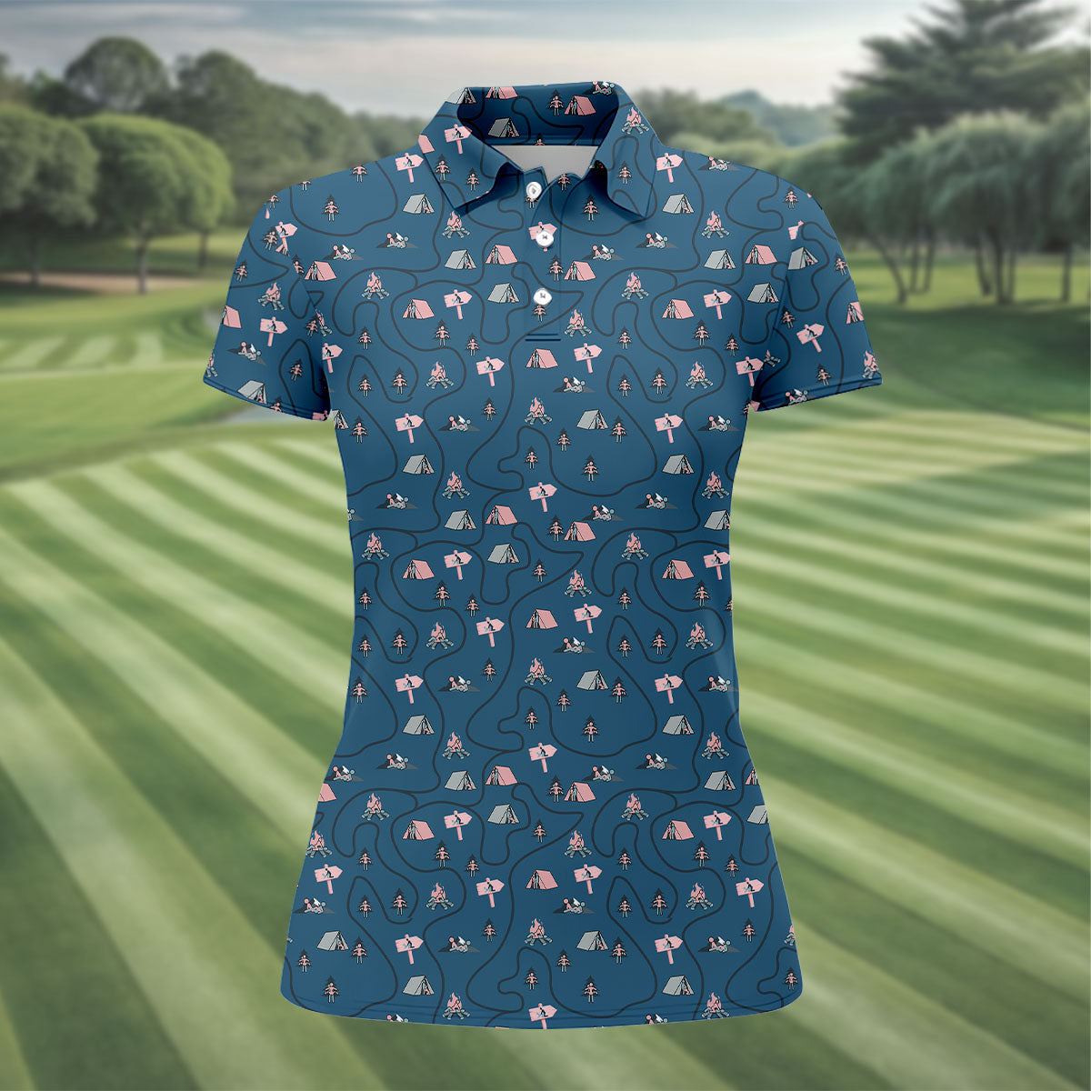 Funny Adult Camping Pattern Polo Shirt, Golf Shirts For Women, Ladies Golf Tops