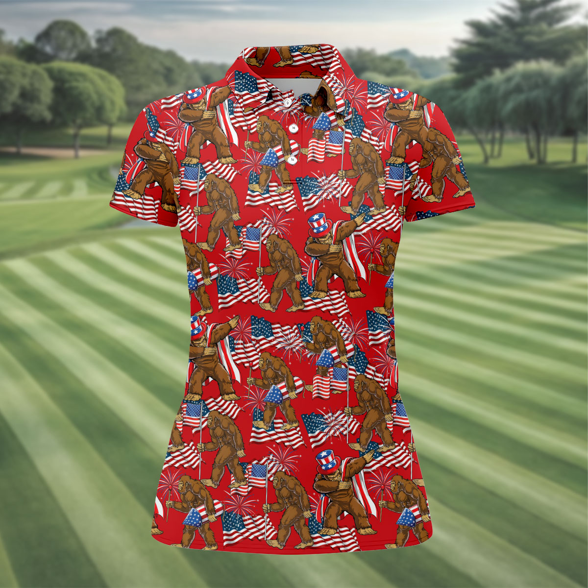 US Flag Pattern 250 Years Bigfoot Golf Shirt, Patriotic 4th Of July Golf Shirt For Women