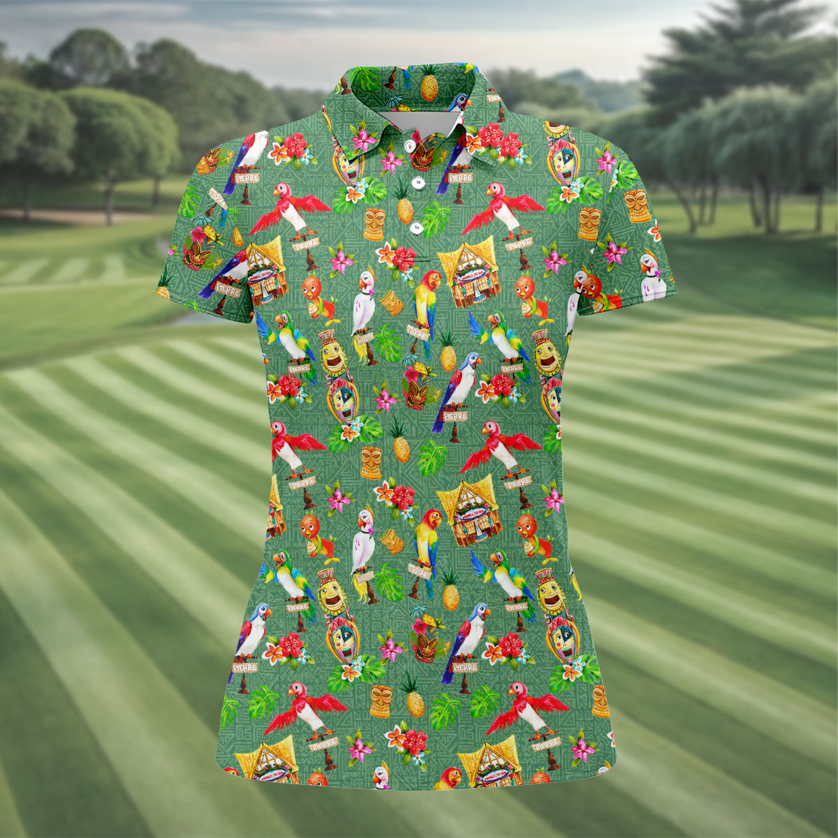 Tropical Tiki Parrot Island Hawaiian Golf Polo Shirt, Women's Golf Polo, Performance Golf Shirt