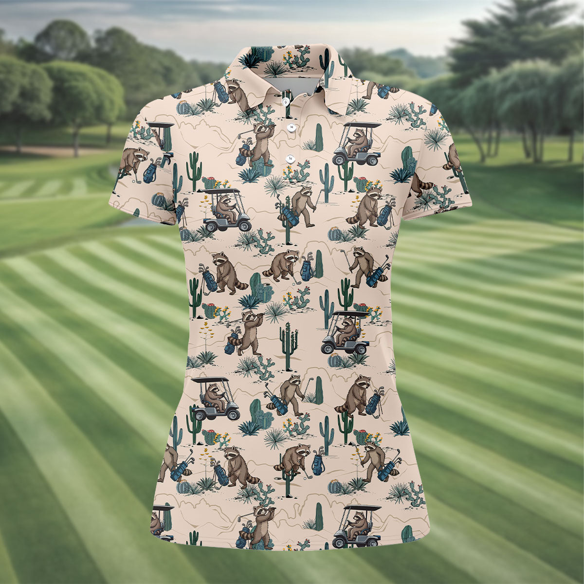 Funny Raccoon Desert Golf Pattern Polo Shirt, Ladies Golf Shirt, Printed Golf Shirt