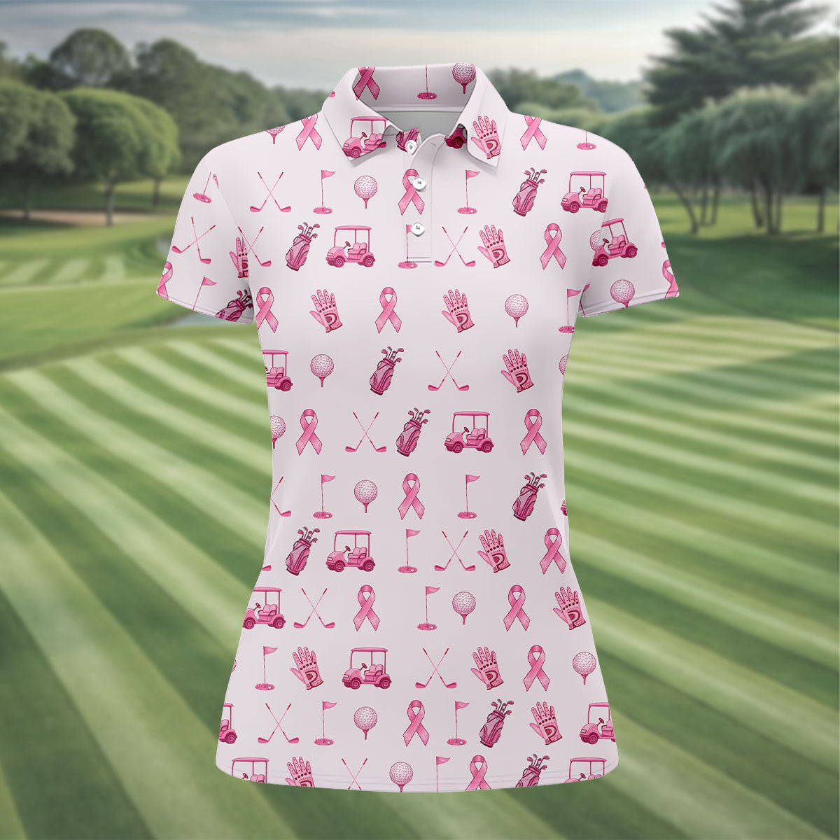 Funny Pink Ribbon Golf Pattern Women's Polo Shirt, Breast Cancer Golf Shirt, Breast Cancer Awareness Shirt