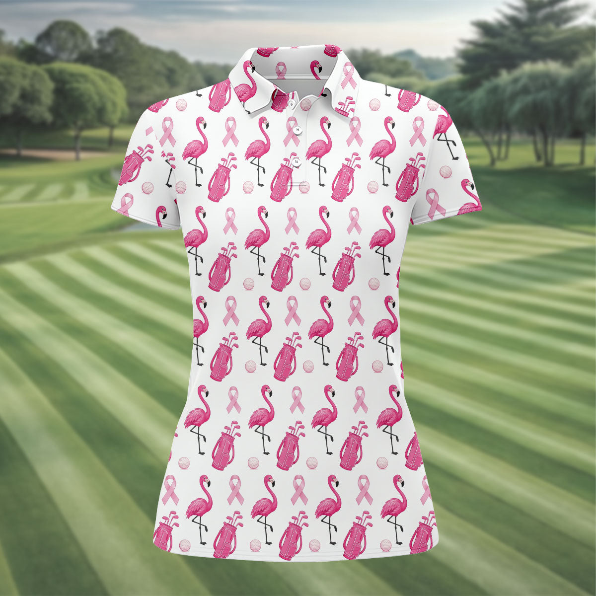 Pink Flamingo Golf Bag Breast Cancer Polo Shirt, Women’s Golf Polo, Ladies Golf Shirts