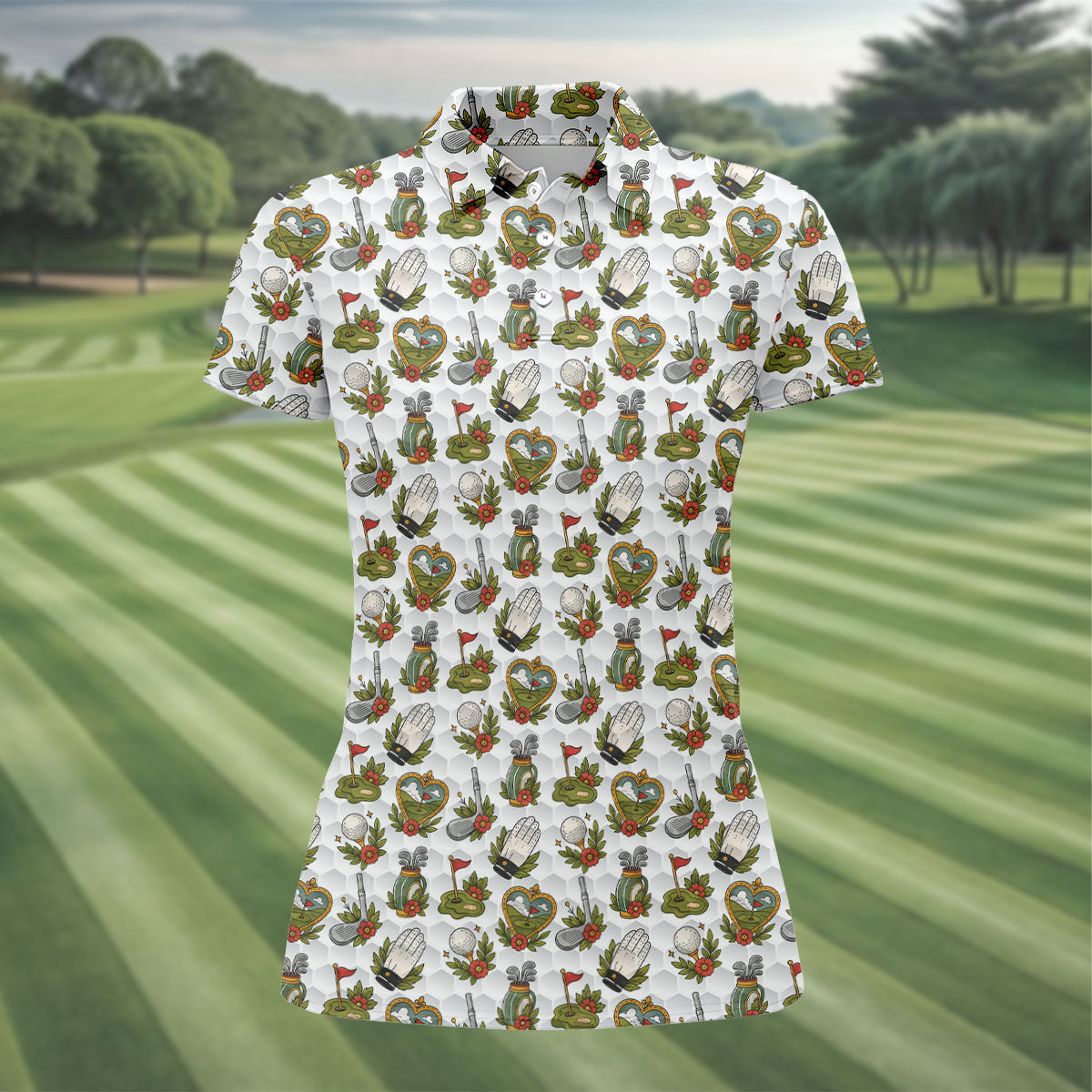 Floral Golf Club Pattern White Hawaiian Golf Shirt, Women's Golf Tops, Golf Polo For Women