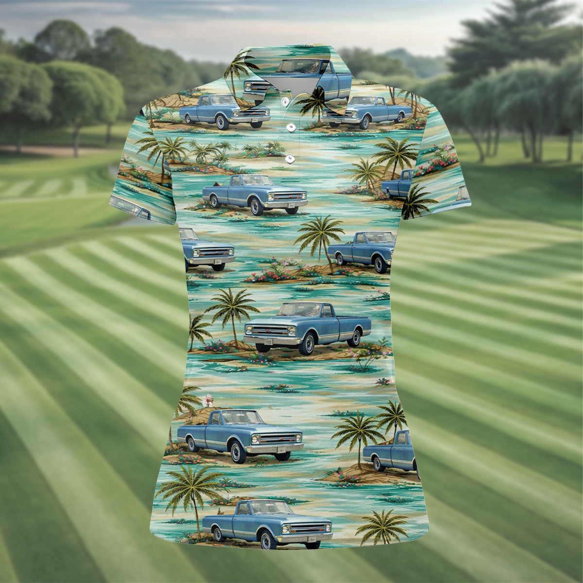 Personalized Truck Golf Shirt, Custom Vehicle Tropical Pattern, Golf Shirt For Women