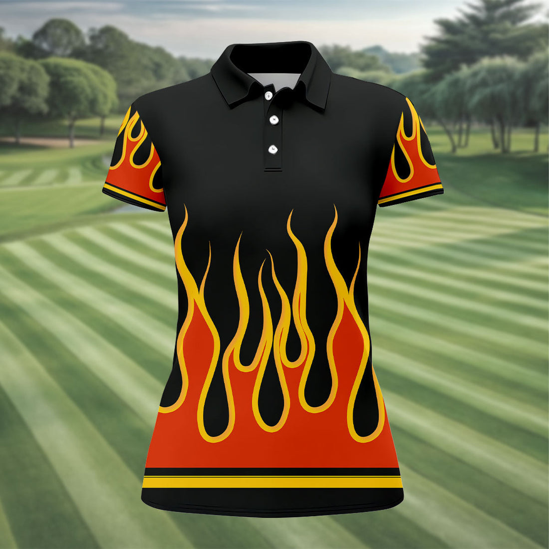 Black Orange Yellow Flame Sleeve Golf Shirt, Golf Polo For Women, Printed Golf Shirt