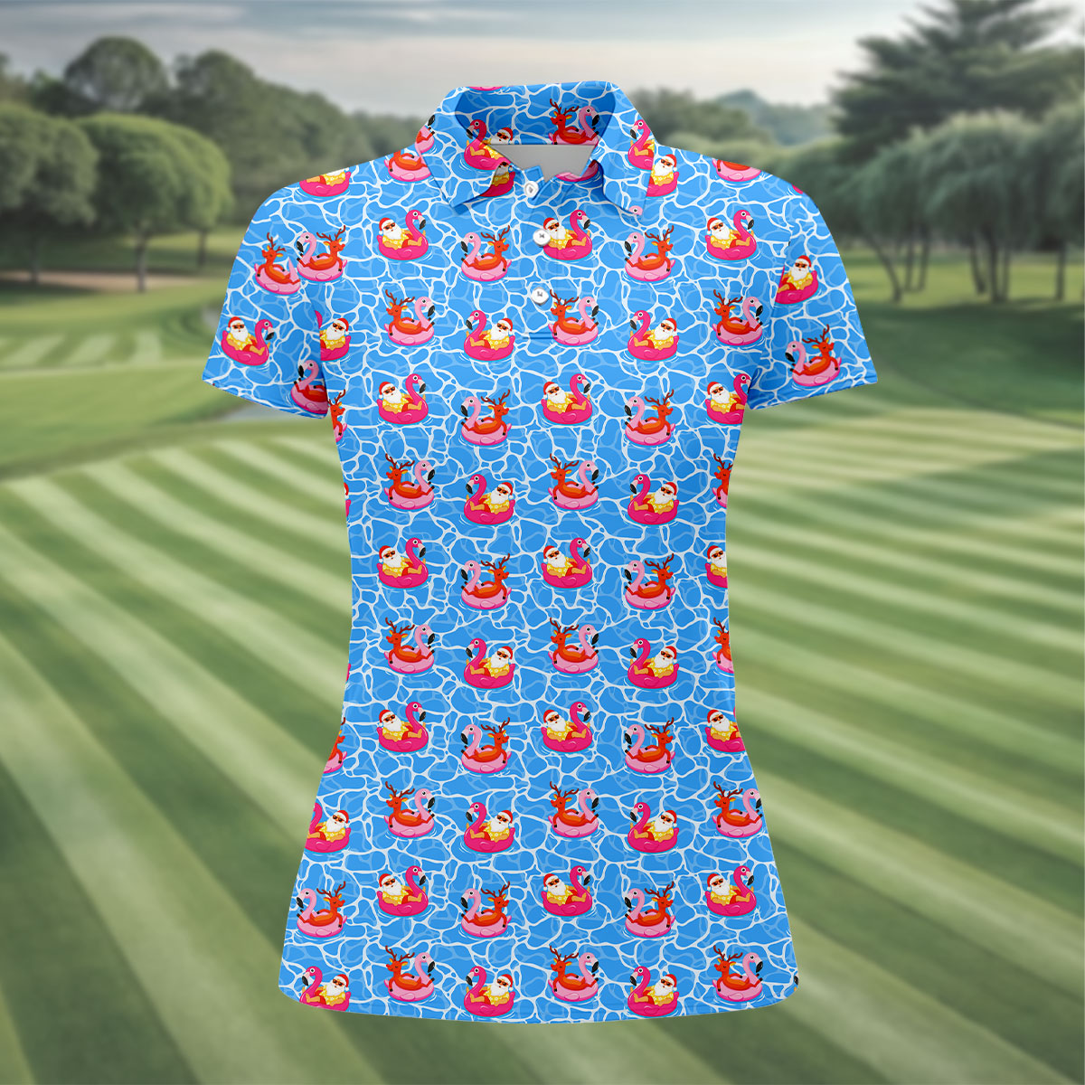 Santa Flamingo Pool Float Christmas Golf Shirt, Women's Golf Tops, Hawaiian Golf Shirt, Printed Golf Shirt