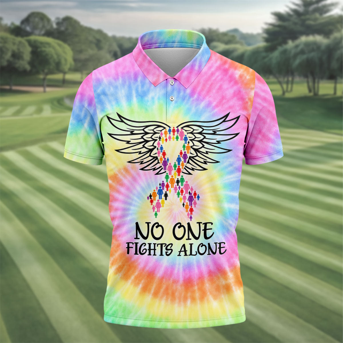 No One Fights Alone Cancer Ribbon Wings Polo Shirt, Golf Shirts For Men, Mens Golf Shirts
