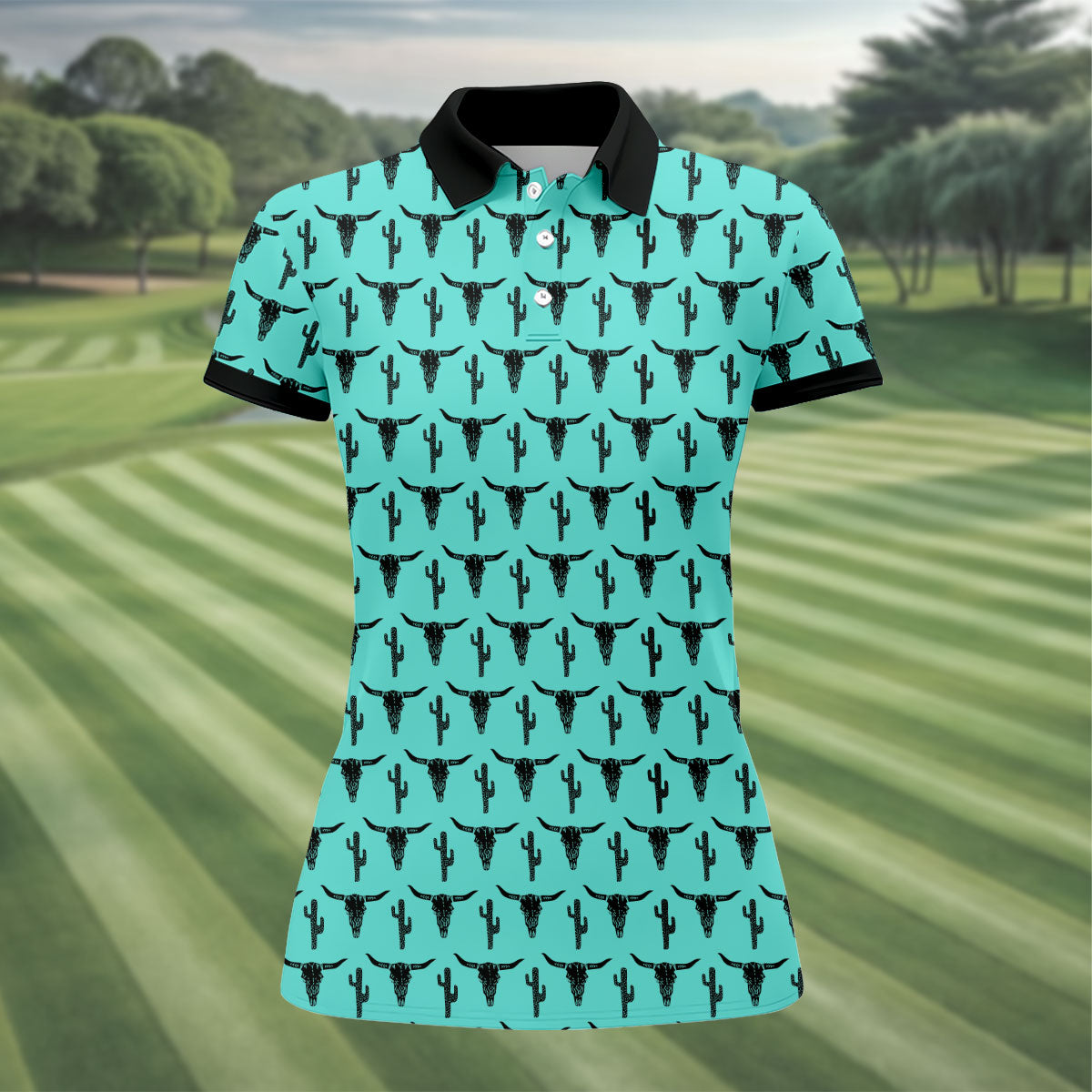 Longhorn Cow Skull Western Theme Peacock Blue Women Golf Top, Ladies Golf Shirts, Golf Shirt For Women