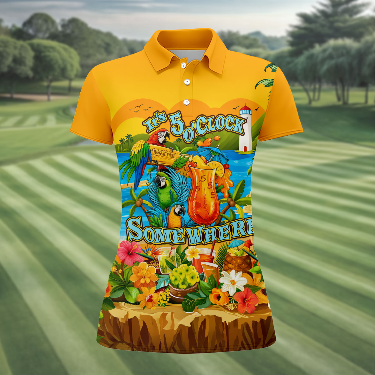 Golden Tropical Parrot Beach Cocktail Golf Polo Shirt, Golf Shirts For Women, Women's Golf Polo