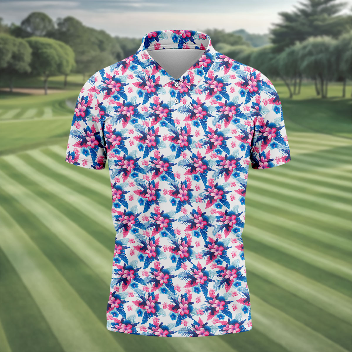 Pink Blue Tropical Floral Hawaiian Golf Shirt, Vibrant Color Golf Shirts For Men