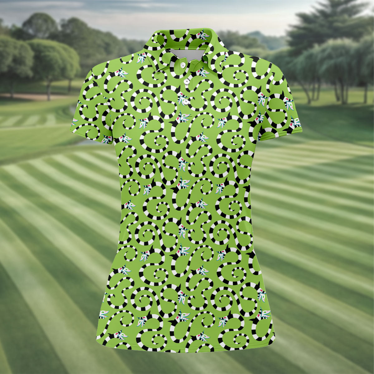 Striped Horror Creature Golf Polo Shirt, Golf Shirts For Women, Halloween Tops For Women