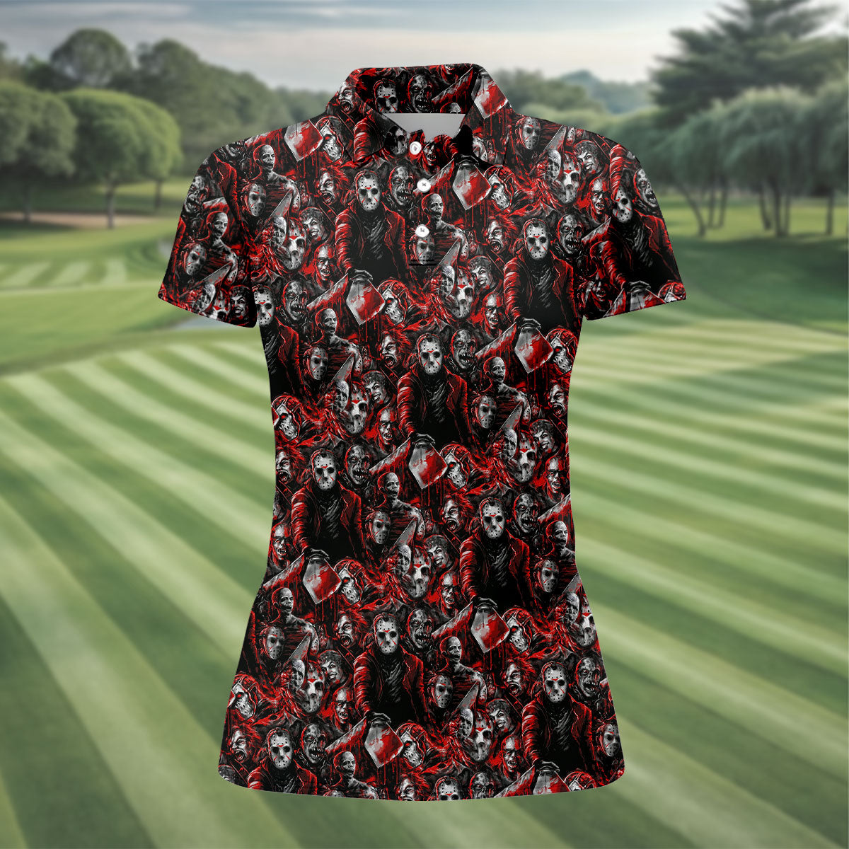 Horror Character Slasher Pattern Golf Polo Shirt, Womens Golf Tops, Ladies Golf Shirts