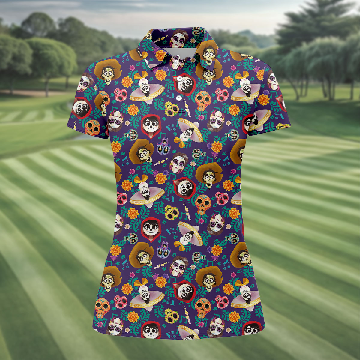 Day Of The Dead Sugar Skull Halloween Golf Polo Shirt, Golf Tops For Women, Ladies Golf Top