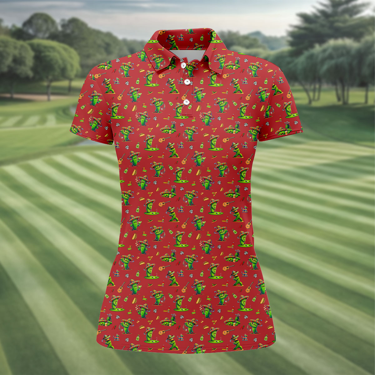 Cartoon Mustach Funny Cactus Cinco De Mayo Celebration Fiesta Themed Red Golf Shirt For Women
